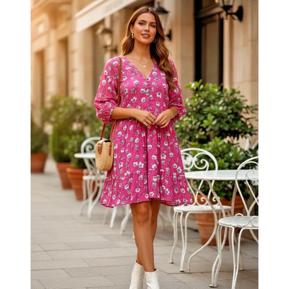 Torrid Top Womens‎ 6 Vibrant Pink vibrant pink Floral V-Neck Puff Sleeve Dress